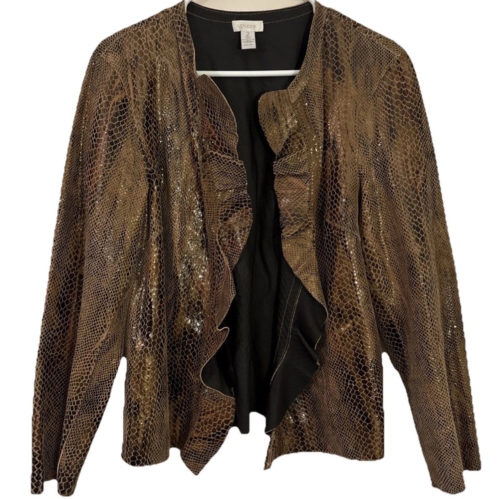 Chico’s Size 2 (Large) Leather Kelsey Animalia Jacket Snakeskin Reversible Brown